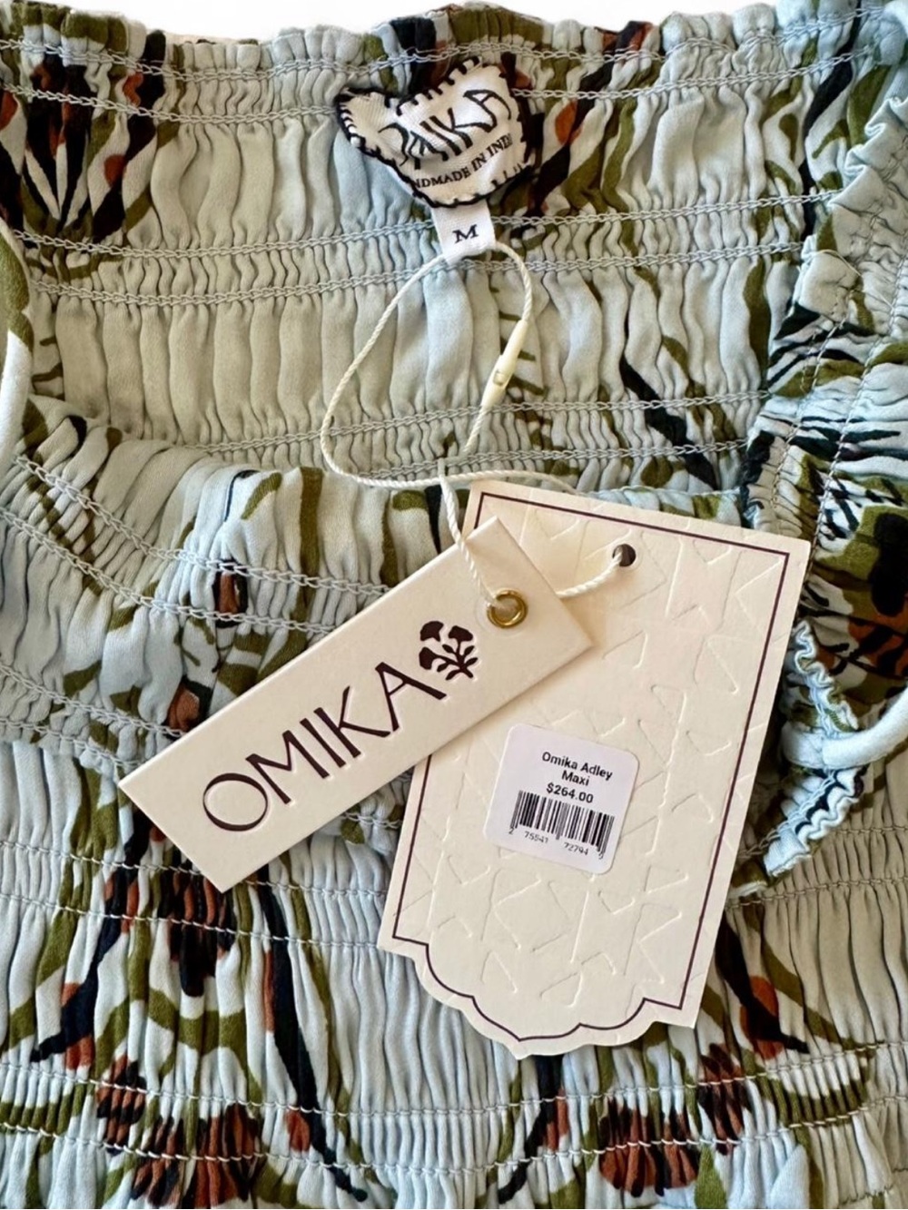 NWT Omika Adley Blue Maxi Dress M Floral Smocked Resort Coastal Boho Luxury - Picture 5 of 8